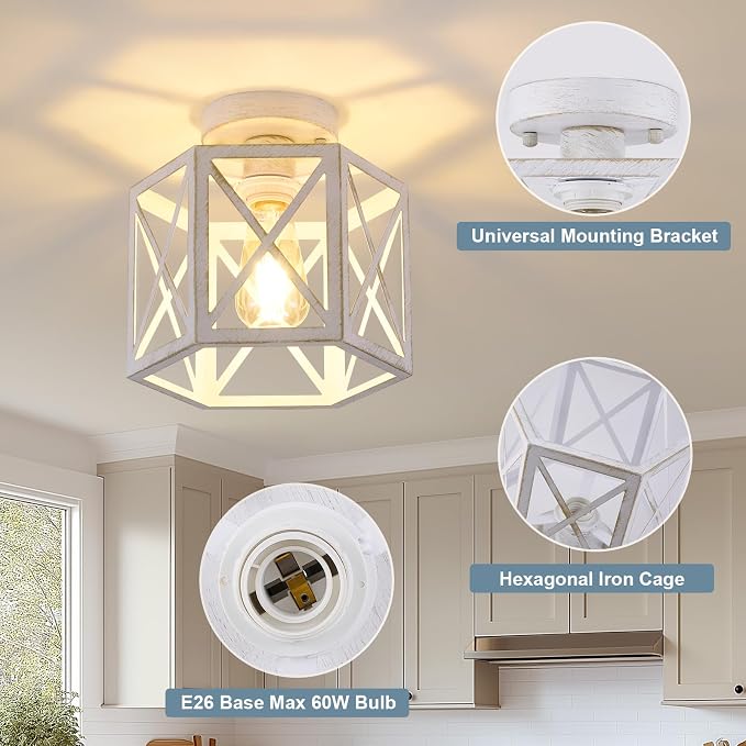 XSDeTu 2 Pack White Semi Flush Mount Ceiling Light, Modern Hallway Light Fixture, Vintage Metal Hexagonal Ceiling Lamp for Kitchen Entryway Porch