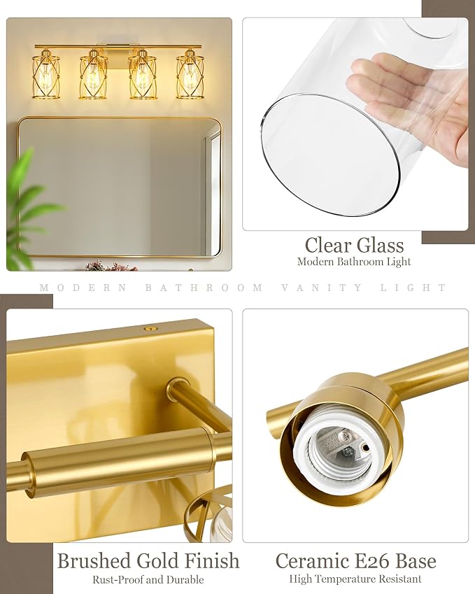 4-Light Brushed Gold Bathroom Light Fixtures, 29 Inch Modern Bathroom Vanity Lighting Fixtures Over Mirror with Clear Glass and Metal Cage Wall Sconce Lights for Bath, E26, CH9176BG-4W