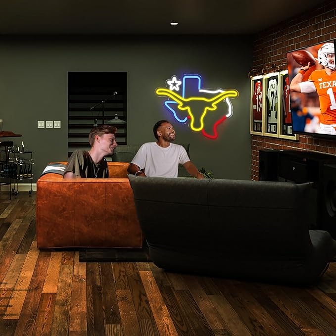TEXAS Neon Long-horn Sign for Wall Decor -Adjustable Brightness LED Bull Neon Light Signs, Cow Neon Signs - USB Powered Hanging Neon Sign for Game Room, Man Cave, Bar 15.12 IN