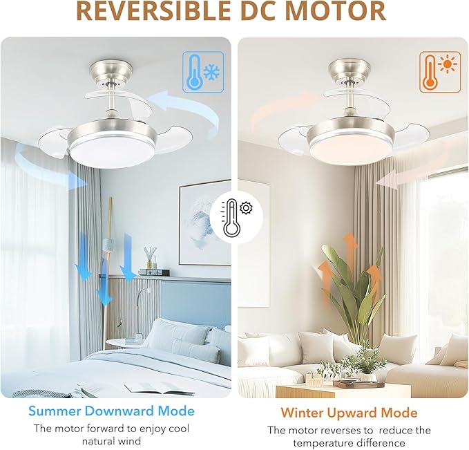 STERREN 30" Retractable Ceiling Fans with Lights, Dimmable LED Ceiling Fan Remote Control, Modern Small Fan Light for Bedroom Living Room Dinning Room Kitchen, 3000K-6500K, 6 Speed (Brushed Nickel)