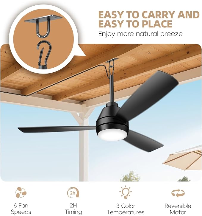 PBLALA 42" Outdoor Ceiling Fans with Lights,Plug in Ceiling Fan Light,Gazebo Fan Light,Hanging with Hook,45W,3CCT,App&Remote Control,6-Speeds,DC Motor,Portable Fan for Patios,Pergola