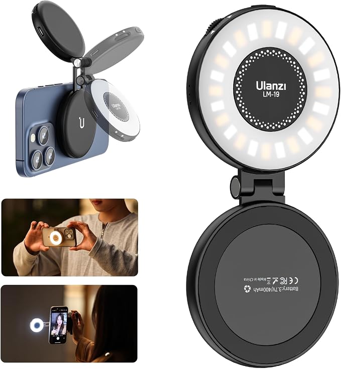 ULANZI LM19 Magnetic Selfie Light, LED Phone Ring Light for iPhone MagSafe, CRI95+ 2500K-8500K Portable Magnetic Phone Fill Lights for Selfies TikTok Video Call Makeup Photography YouTube Vlog - Black
