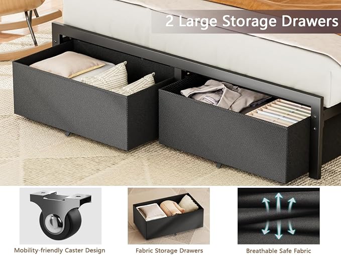 Full Size Bed Frame with 2 Storage Drawers & Upholstered Headboard | Metal Platform Bed with Storage Shelf, Charging Station, LED Lights and Heavy-Duty slats, No Spring Box Needed, Noise-Free