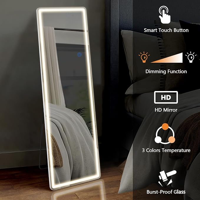 Lighted Full Body Mirror, 65x21 Wall Mounted Mirror with 3 Color Lights | Aluminum Frame Design with Tempered Glass, Wall Mounted Mirrors for Bedroom Decor, Cloakroom and Daily Dressing