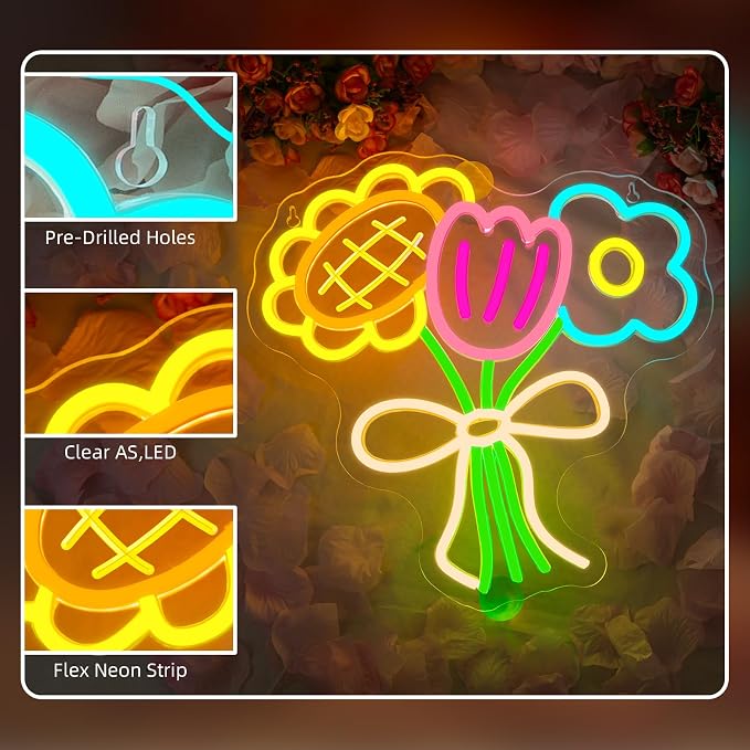 Bouquet LED Neon Sign Colorful Art Flower Light for Home Wall Decoration | 12.59IN*12.59IN,Five level brightness adjustment,USB power,For Bar,Club,Pub,Living room,Bedroom,Restaurant,Beach Bungalow