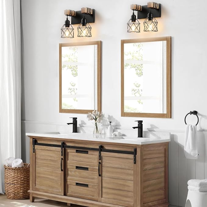 Farmhouse Vanity Light Fixture,2-Light Bathroom Lighting,Black Industrial Wood Wall Light Over Mirror with Metal Shade