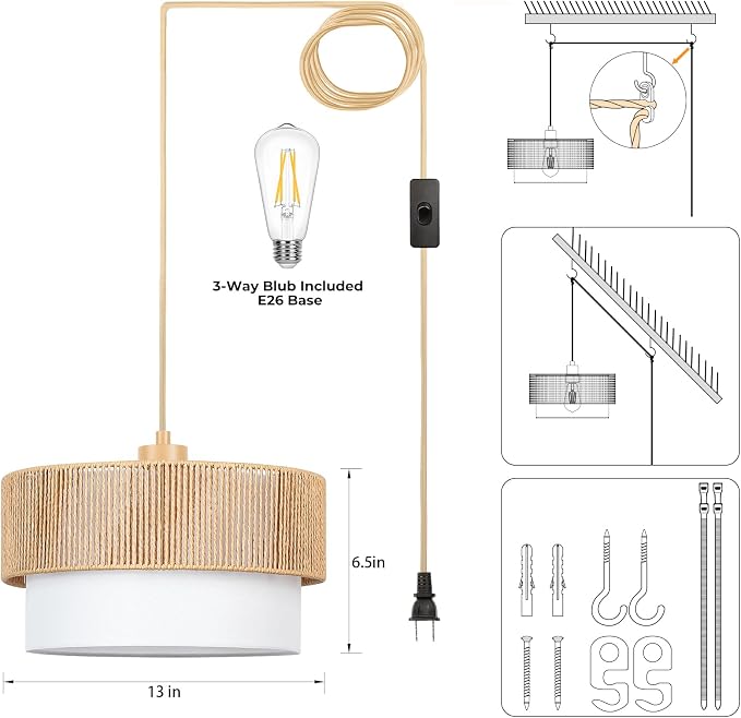 Qingmiao Boho Plug in Pendant Light, Handwoven Shade, 3 Way Bulb, 14ft Cord | Rattan Hanging Lamp Plug in, Dimmable Hanging Light Fixture for Living Room Bedroom Kitchen Ceiling Farmhouse Home Decor