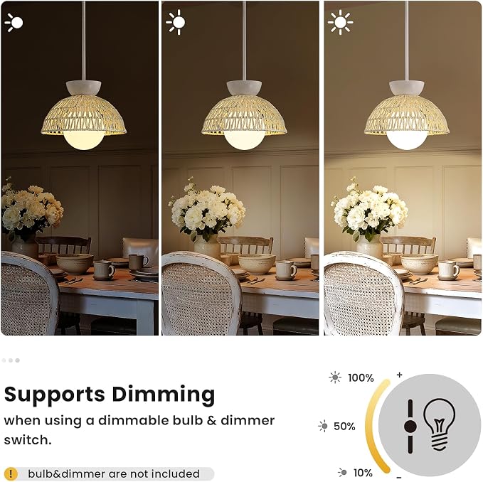 AIJIASI Rattan Pendant Light, 11.8" Hand Woven Boho Pendant Light Fixture with Milk Glass Globe, Gold Kitchen Pendant Lighting Over Island Adjustable Chandelier for Dining Room Hallway Foyer