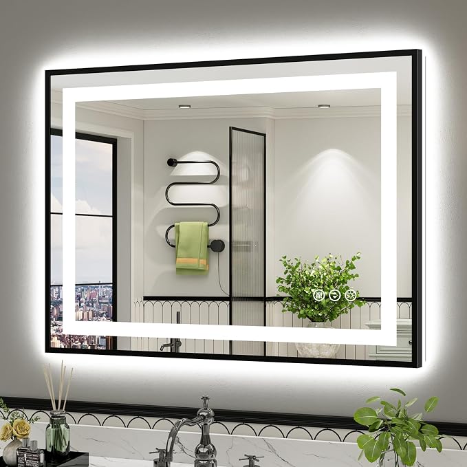 40x30 Inch LED Bathroom Mirror with Black Frame, Backlit & Front Lit | Anti-fog, 3 Color Dimmable, Memory Function, HD Reflection Tempered Glass, ETL Listed, IP54 Waterproof