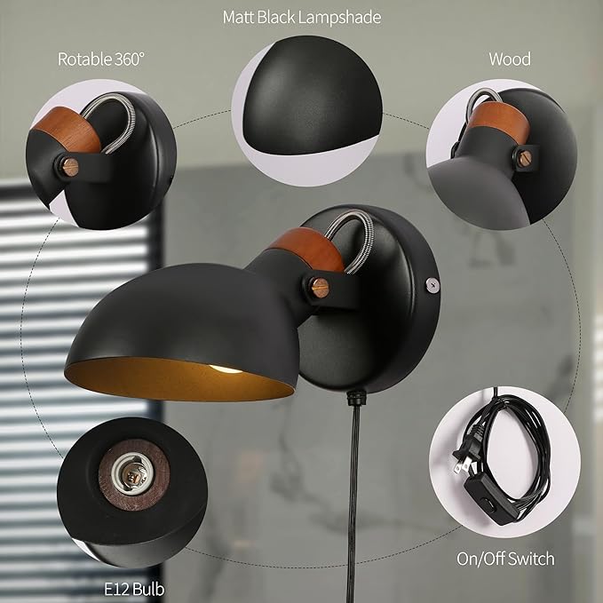 Aisilan Plug Wall Sconce Black Bedroom Wall Sconces Modern Adjustable Wall Lamp with E12 Bulb Wooden Indoor Wall Lighting for Bedside Living Room Hallway Reading 5W 3000K