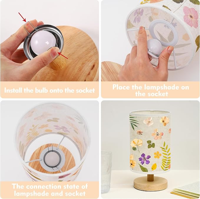 WSYEAR Flowers Table Lamp LED 3-Color Pressed Flower Bedside Lamp Linen Shade with Wood Base for Bedroom Living Room Desk Office