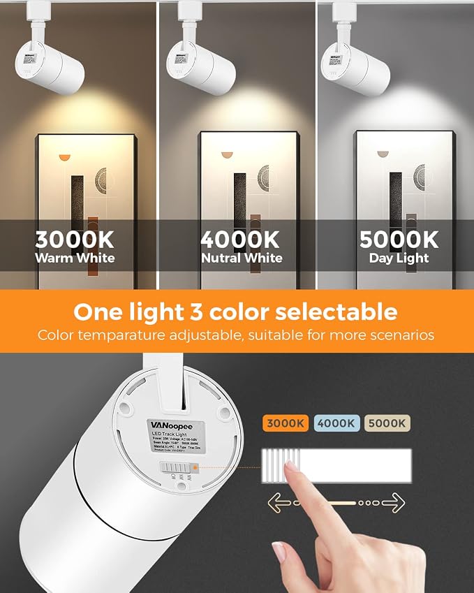 VANoopee 3-Color Zoomable 20W LED Track Lighting Heads H Type, White 6 Pack | Track Light Heads Dimmable Bright Ceiling Spotlight Fixtures Accent Art, 3000K 4000K 5000K Adjustable, CRI90+ 15°-60°, 2000lm