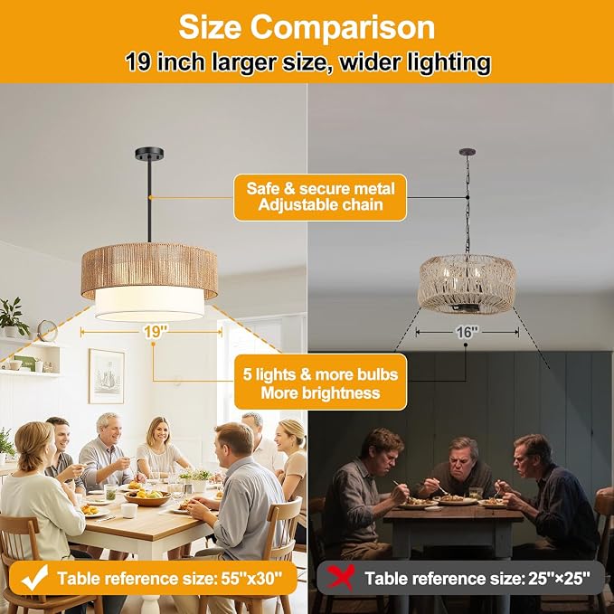 9"-52" Height Adjustable Farmhouse Chandelier Light Fixture, 5-Light Rattan Boho Chandeliers for Dining Room, Hand Woven Pendant Light with Linen Shade, Rustic Hanging Lighting for Kitchen Island