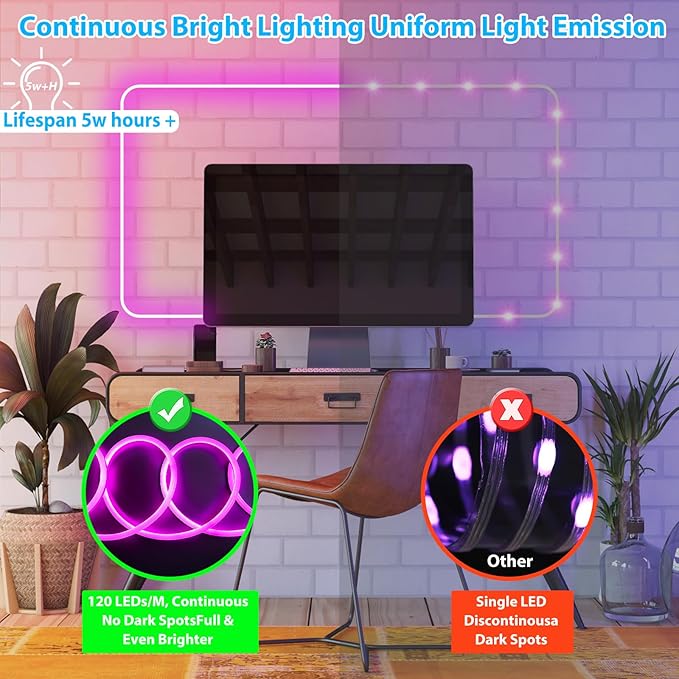 50FT RGB Neon Rope Lights with Remote,120V ETL Led Strip Lighting,Expandable Commercial Grade IP65 Waterproof Plug-in Led Rope Lights with Dimmable Power Adapter for Outdoor,Indoor Using