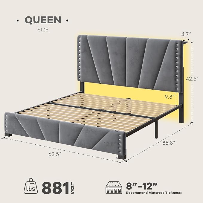 EnHomee Queen Bed Frame with LED Lights & USB, Noise-Free, Grey | Adjustable Velvet Headboard，Under-Bed Storage，Heavy Duty Support with 12 Slats，No Box Spring Needed，Easy Assembly for Bedroom