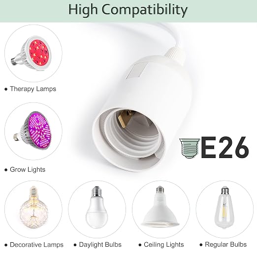 JACKYLED Extension Hanging Lantern Cord Cable Gear Switch UL 1-Pack 12Ft | 360W with E26 E27 Socket Hooks + 2-Prong US AC Power Plugs, Extra Lighting for Garage, Closet, Dark Corner, Plants