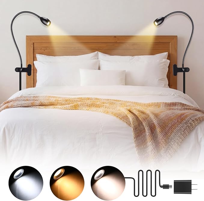 2 Pcs LED Clip on Reading Light for Bed Headboard, 3 Color Dimmable Stepless Book Light with Flexible Gooseneck Clamp Desk Lamp for Reading with USB for Bedroom, Dorms, Office, Studio (Black)
