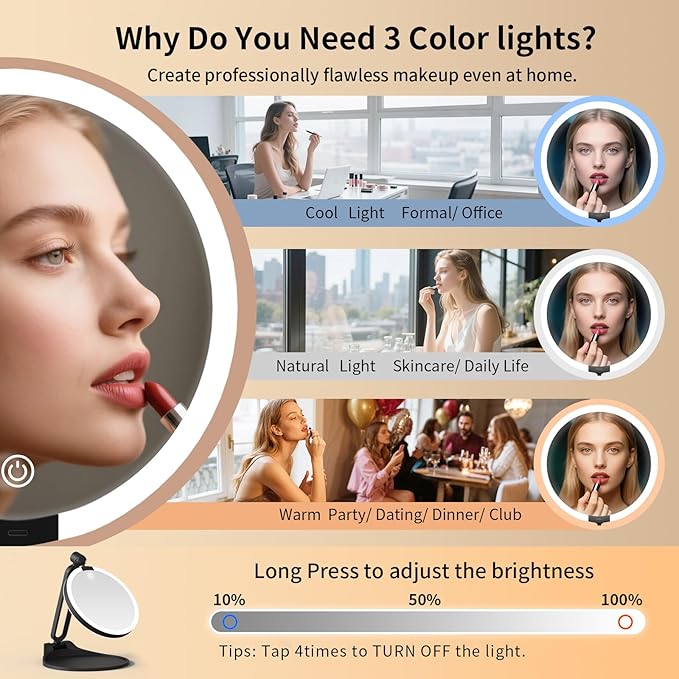 Magnifying Mirror with Light 30X/1X, Double Sided Travel Makeup Mirror with Lights and Magnification, 3 Colors Dimming Lighting, Rechargeable Large Size of 6inch, Foldable Design, 360°Angle Adjustable