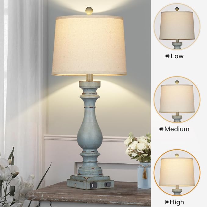 29" Tall Table Lamp for Living Room Set of 2,Coastal Bedside Nightstand Lamps with USB C+A Ports & AC Outlet,3-Way Dimmable Touch Control Retro Blue Desk Lamp for Bedroom,Color 3