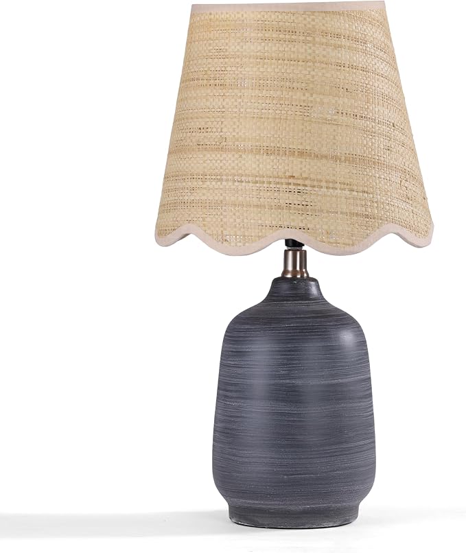 19" Modern Ceramic Table Lamp for Living Room Cream Base Desk Lamps for Bedroom Farmhouse Bedside Nightstand Lamp End Table Lamps,White Striped Black Base,Rattan Shade