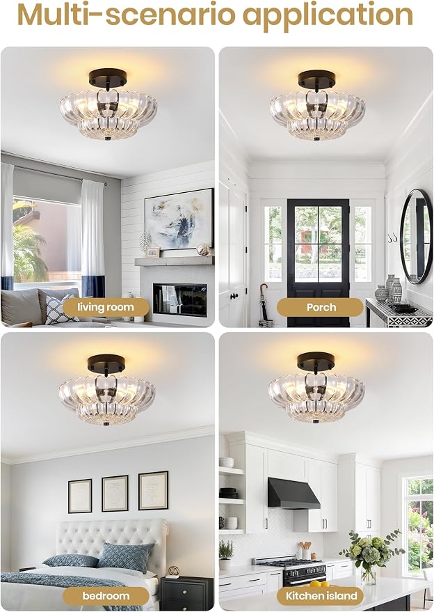 Semi Flush Mount Ceiling Light, Vintage Black Close to Ceiling Light Fixture with Glass Shade, Mid Century Modern Lighting for Bedroom Hallway Kitchen Laundry-Clear