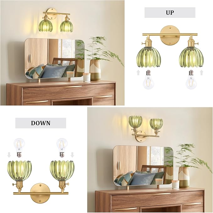 Bathroom Light Fixtures, 2-Light Brass Vanity wall Light Over Mirror with Green Tulip Glass Shade for Bedroom Living Room (Bulb Not Included)