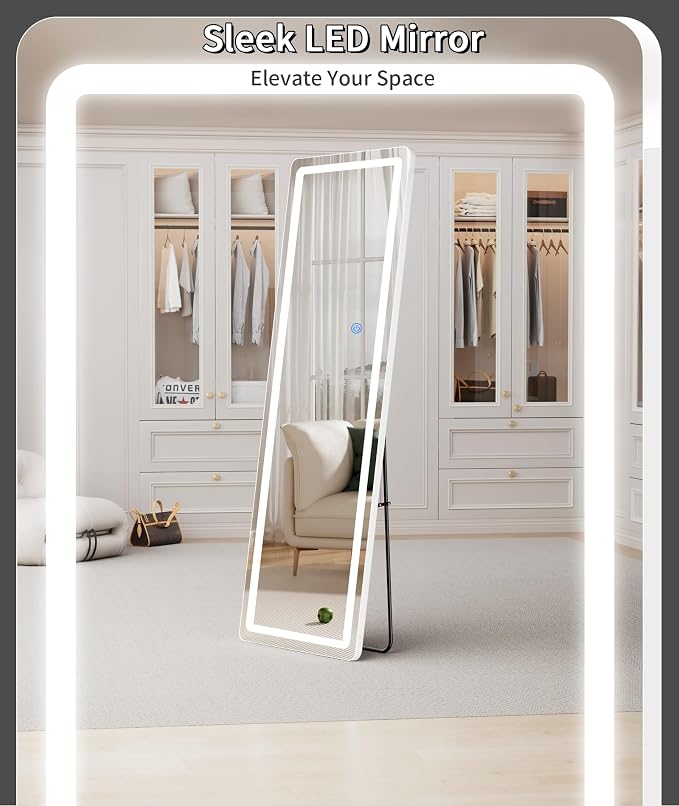Koonmi Full Length Mirror with LED Lights, 68"x26" Lighted Mirror with Dimming & 3 Color Lighting, Big Mirror for Bedroom, Dressing Room, Rectangle,White