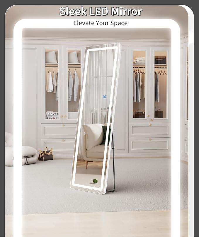 Koonmi Full Length Mirror with LED Lights, 71"x26" Lighted Mirror with Dimming & 3 Color Lighting, Big Mirror for Bedroom, Dressing Room, Rectangle,White