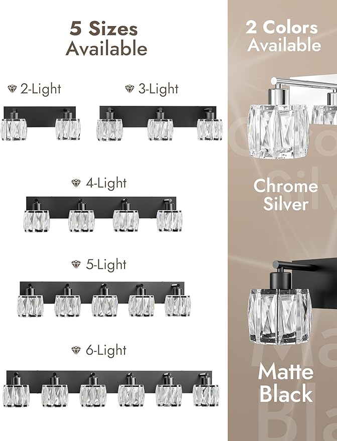 VOLISUN Crystal Vanity Lights for Bathrooms, 3 Light Bathroom Vanity Light, Modern Matte Black Bathroom Light Over Mirror, Black Bathrooms Lights Fixtures-UL Certificated(Exclude Bulb)