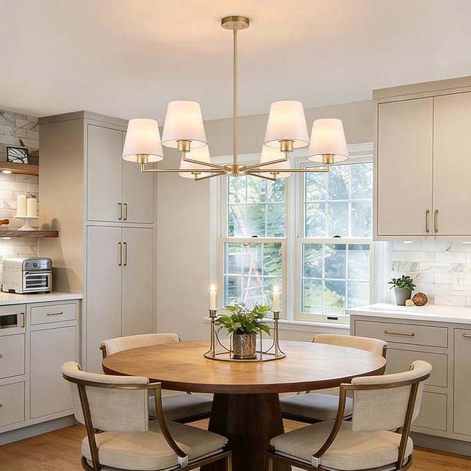 36" Gold Dining Room Light Fixture, No Assembly Required 6-Lights Kitchen Chandelier for Dining Room with White Fabric Shade, Chandelier Ceiling Light Fixture for Kitchen Island Bulb Not Included