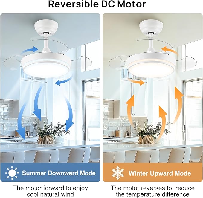 STERREN 30" Retractable Ceiling Fans with Lights, Dimmable LED Ceiling Fan Remote Control, Modern Small Fan Light for Bedroom Living Room Dinning Room Kitchen, 3000K-6500K, 6 Speed (White)