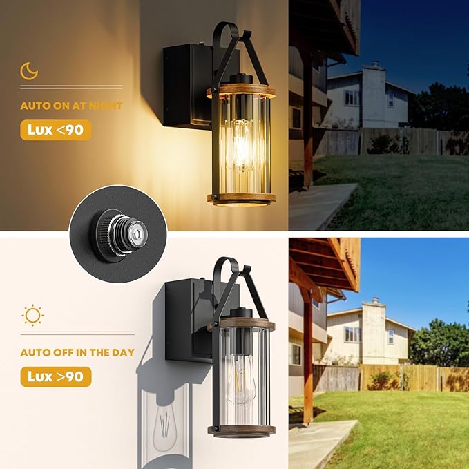 Porch Light with Outlet GFCI Dusk to Dawn Outdoor Lights for House Waterproof Exterior Lighting Fixtures Wood Look Glass Modern Front Porch Garage