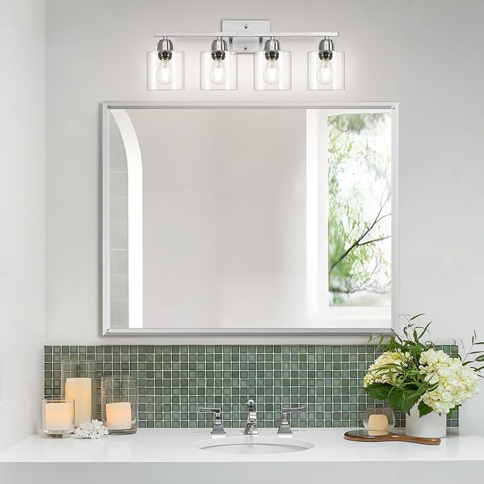 Modern Brushed Nickel 4 Light Bathroom Light Fixtures, 24 inch Vanity Lights for Bathroom with Clear Glass, Bathroom Vanity Light for Mirror Kitchen Living Room Hallway Cabinet Porch