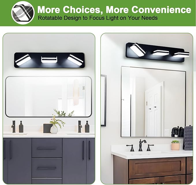 360° Rotate LED Dimmable Bathroom Vanity Light Fixtures, 1300LM Acrylic Matte Black Vanity Lights for Bathroom, Modern Wall Lighting Fixtures Over Mirror Kitchen Living (Natural White Light 5000K)