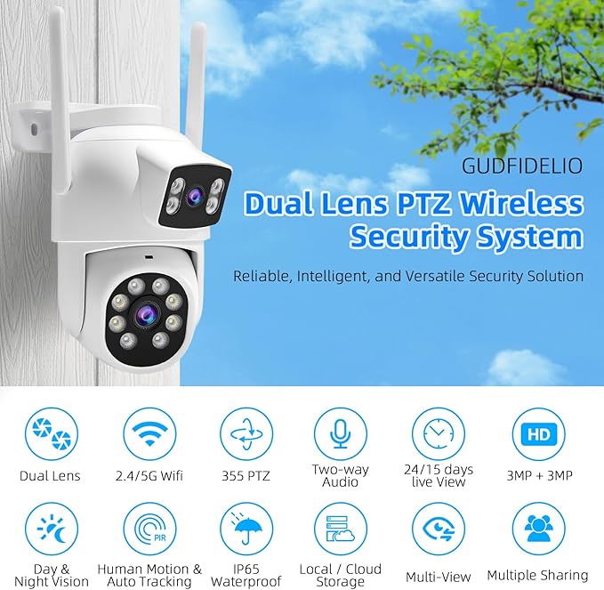Dual-Lens Wireless Security Camera Outdoor, 2K HD 6MP View, Indoor WiFi Connection, Smart Night Vision, Ai Motion Detection and Tracking, Light and Siren Alarm, 64G SD Card (Included)