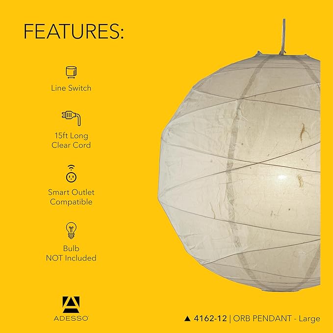 Adesso Orb Large Pendant with Collapsible Rice Paper Shade – 15ft Cord, 24” Diameter – Stylish Ceiling Lighting