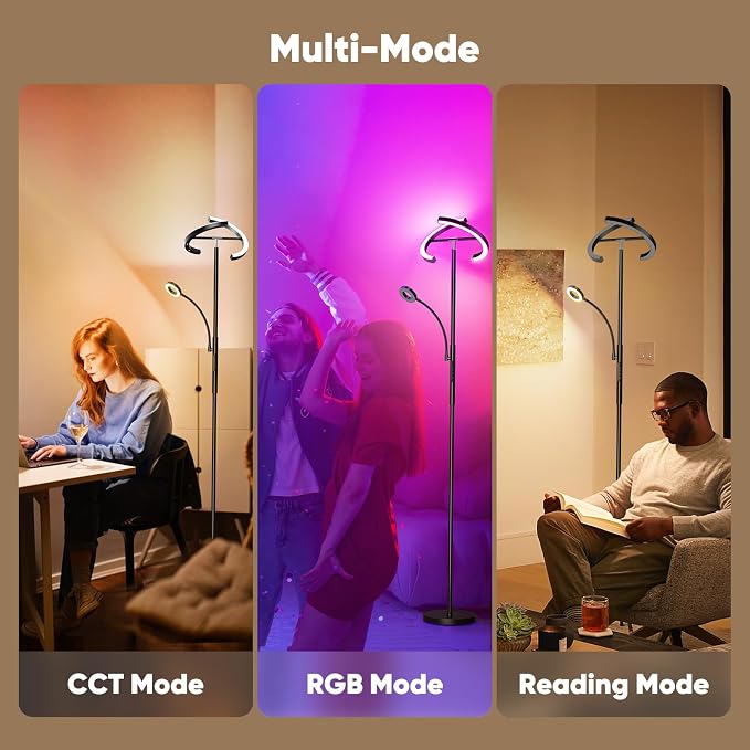Upgraded RGBCW Floor Lamp with Reading Lamp, Rotatable Remote Control LED Standing Lamp Dimmable Floor Light Modern Standing Light for Living Room Bedroom Home Office, 36W, Black