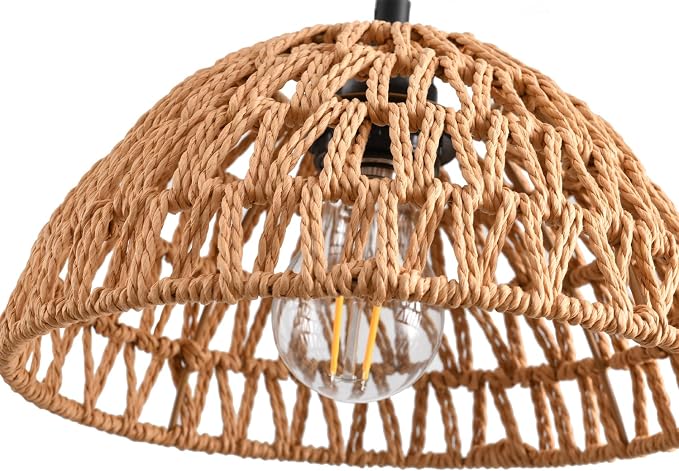 2 Pack Plug in Pendant Light 10.2" Rattan Hanging Lamp with Switch,Hemp Rope Cord Boho Woven Wicker Lampshade Hanging Lights with Plug in Cord Ceiling Light Fixture for Living Room Bedroom Kitchen