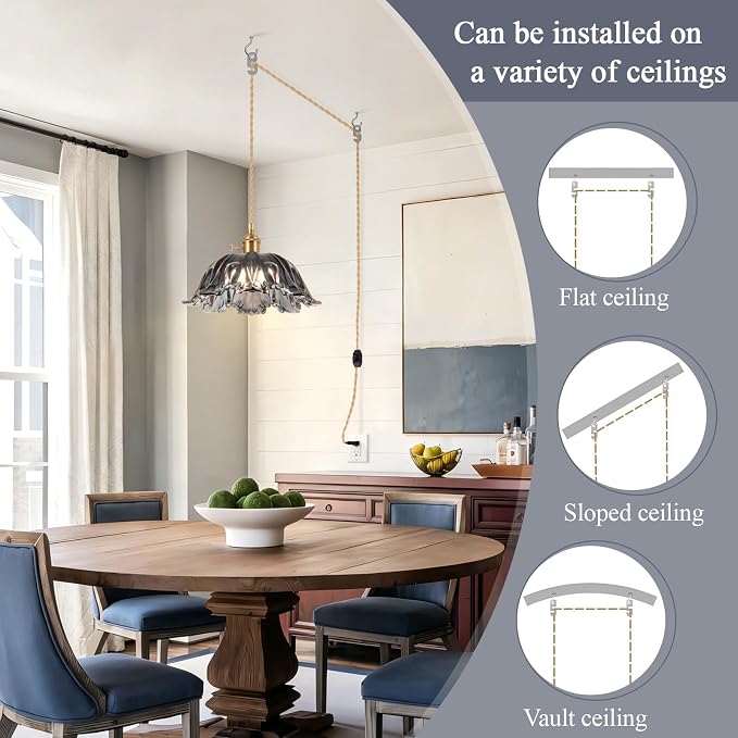 Plug in Pendant Light Fixtures,Hanging Light Fixture Corded On/Off Switch,10.6in E26 Blue Glass Lampshade Pendant Lighting for Kitchen Island, Bedroom, Dining Room