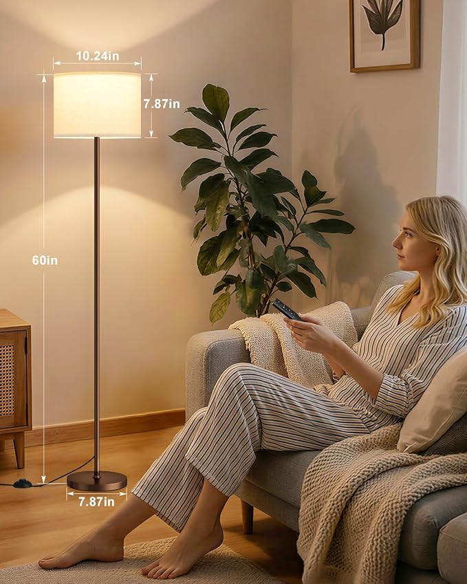 Dimmable Floor Lamp for Living Room with Remote, 9W 900LM LED Bulb Included, Deep Beige Shade Brown Pole