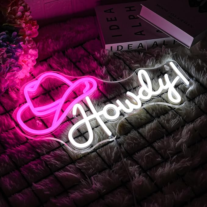 Cowboy Hat Neon Sign Howdy Cowboy Neon Signs Cool LED Neon Lights Dimmable Neon Signs USB Powered for Gameroom, Man Cave Beer Bar Cafe Recreation Room(Pink White)