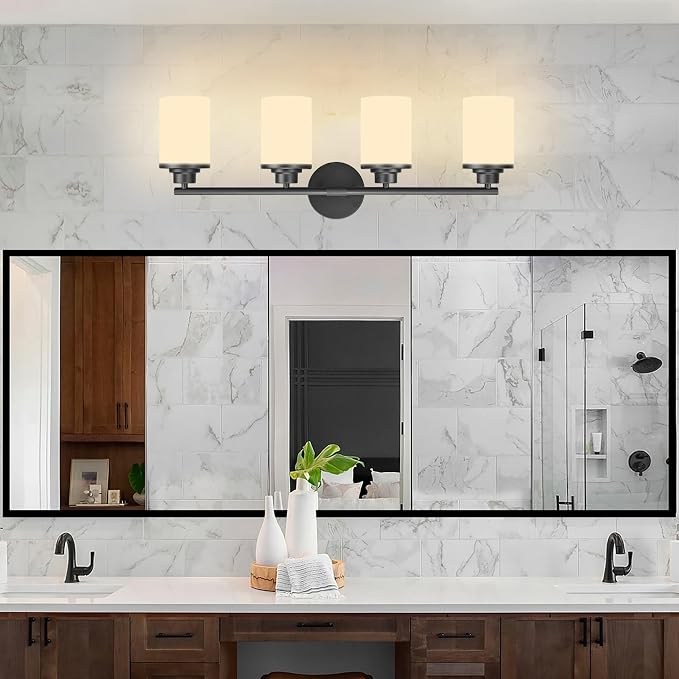 Bathroom Light Fixtures,Matte Black Bathroom Lights,4-Light Vanity Light Over Mirror,Modern Vanity Light Fixture with Frosted Glass