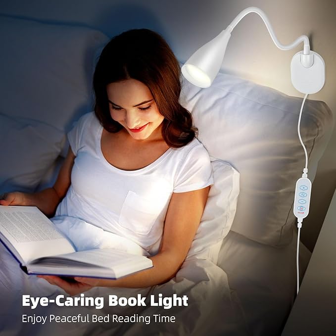 LED Wall Mounted Bedside Reading Light, 3 Color Modes,10 Brightness Dimmable, USB Charging Port, Adhesive Wall Lamp Night Light for Books in Bed, Flexible Neck Eye-Caring Bedroom Lighting White