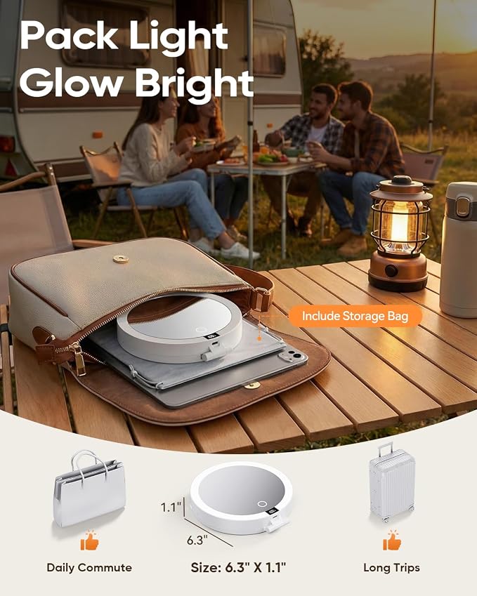 Travel Makeup Mirror with Lights (Gen 3) - 20X/1X Dual Sided Magnifying Mirror - 3 Color Lighting, CRI 95+, Rechargeable - Portable Mirror for Desk & Travel