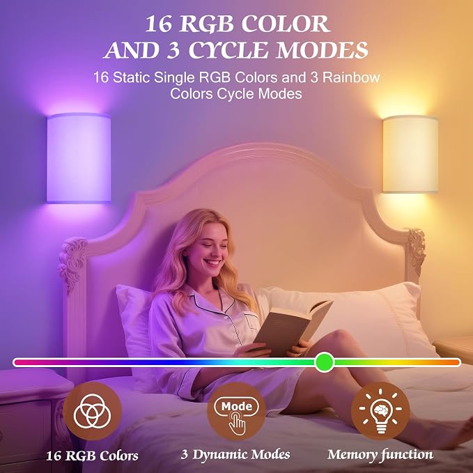 OCATO Wall Sconces Battery Operated Wireless Wall Sconces Set of Two | Battery Operated Magnetic Lamp Rechargeable Lights Dimmable with 16 RGB Walls Decor with Remote Timer for Bedroom Living Room