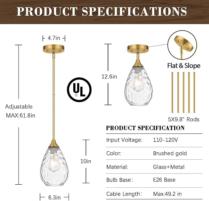 Brushed Gold Pendant Lights Kitchen Island 2 Pack, Modern Glass Pendant Light Fixtures with Hammered Glass and Rods, Adjustable Brass Hanging Light for Kitchen Sink Dining Room Bathroom