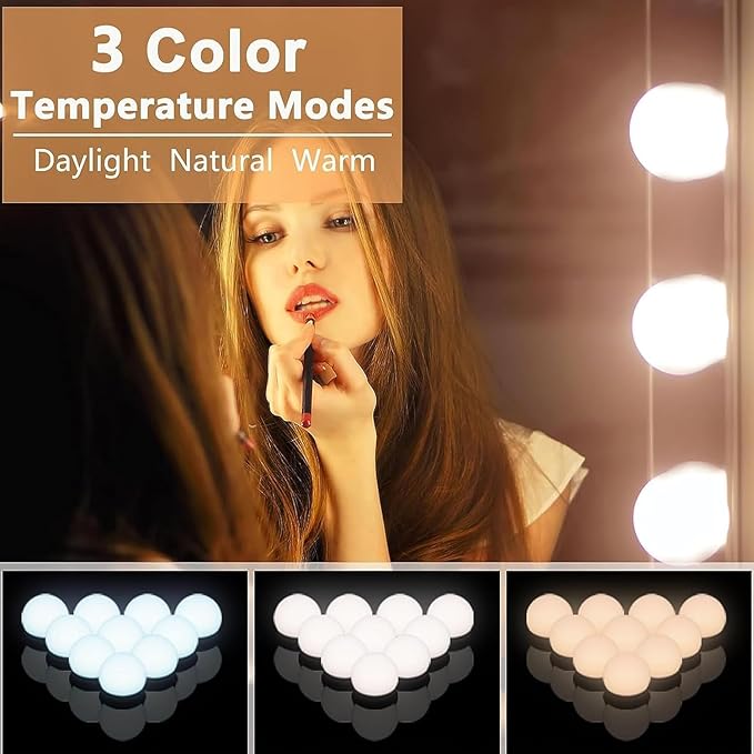 LED Vanity Mirror Lights, Hollywood Style With 14 Dimmable Bulbs, Adjustable Color & Brightness, USB Cable, Stick-on for Makeup Table Dressing Room