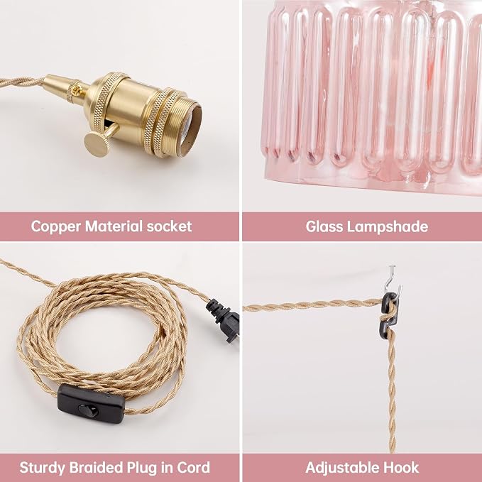 Shenmoyl Plug in Pendant Light Hanging Light Fixtures with Plugin Cord On/Off Switch,Pink Striped Glass Lampshade Brass Pendant Light