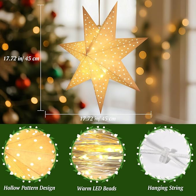 Lewondr Christmas Paper Star Lantern 3 Pack, Hanging 7-Pointed Star Lights with Hollowed Dots, LED Paper Lanterns with 6H Timer for Holiday Home Decoration, with Remote Control, Warm Light