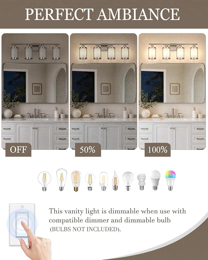 4-Light Brushed Nickel Bathroom Light Fixtures with Milk White Frosted Glass, 29" UL-Listed Modern Wall Sconce Over Mirror with Metal Cage for Bath, Hardwire E26, OS-3014BNW-4W